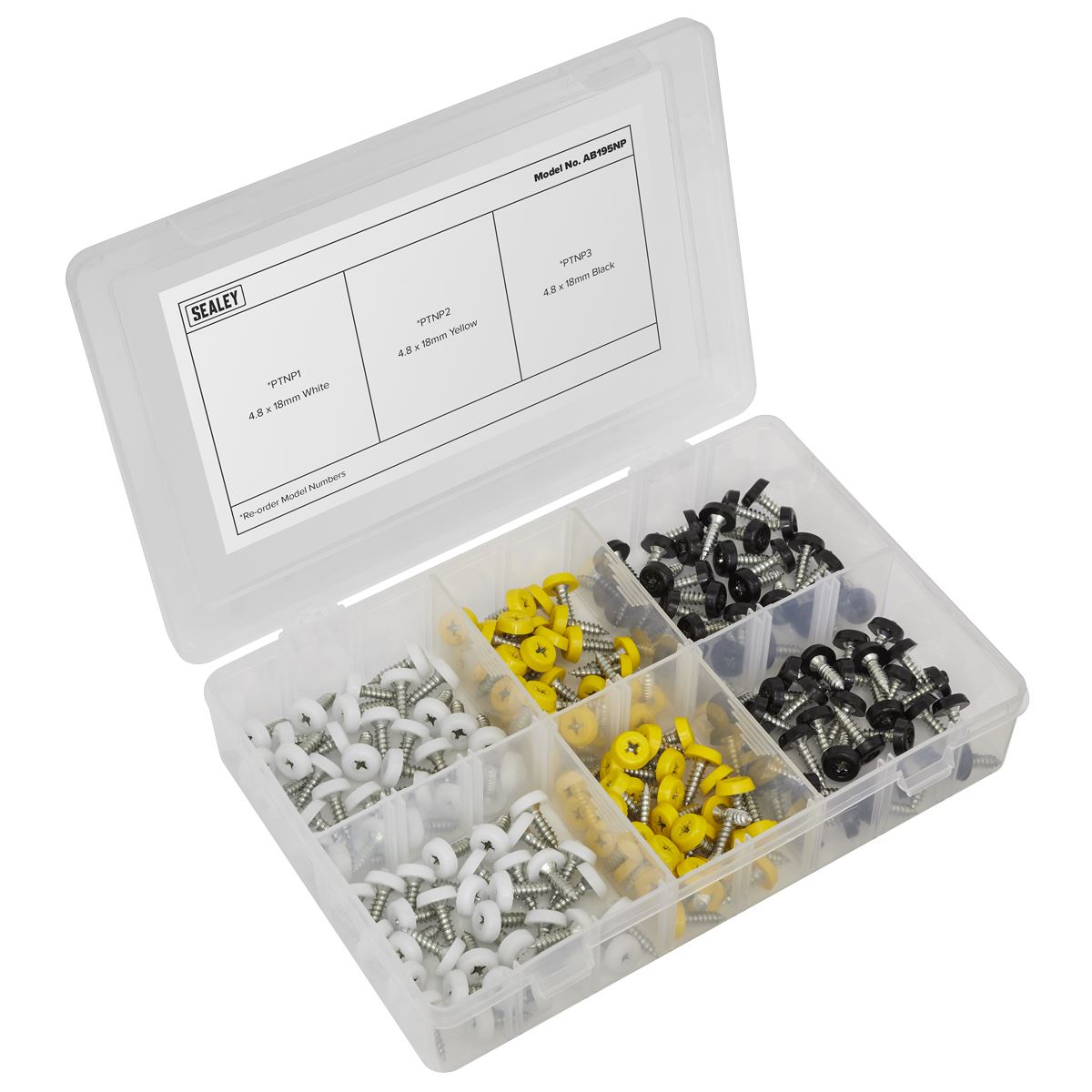 Sealey AB195NP Numberplate Screw Assortment 195pc 4.8mm x 18mm - Plastic Enclosed Head Sealey