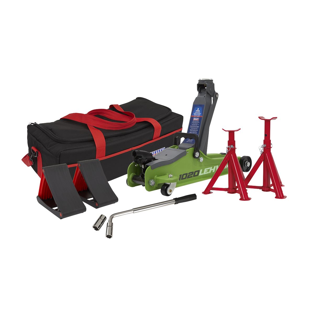 Sealey 1020LEHVBAGCOMBO Low Entry Short Chassis Trolley Jack & Accessories Bag Combo 2 Tonne - Green Sealey