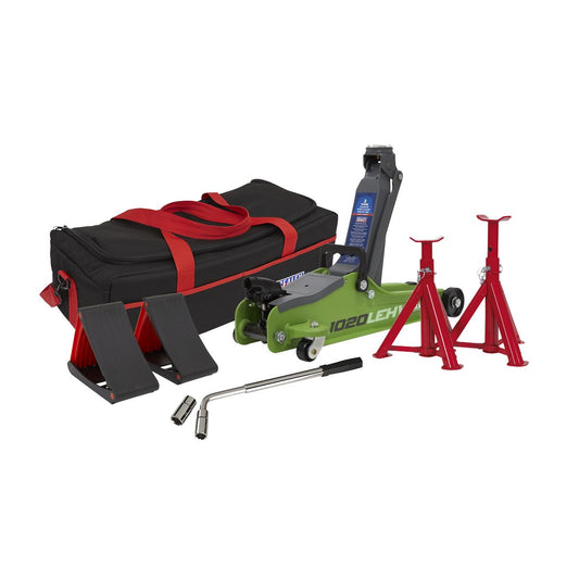Sealey 1020LEHVBAGCOMBO Low Entry Short Chassis Trolley Jack & Accessories Bag Combo 2 Tonne - Green Sealey