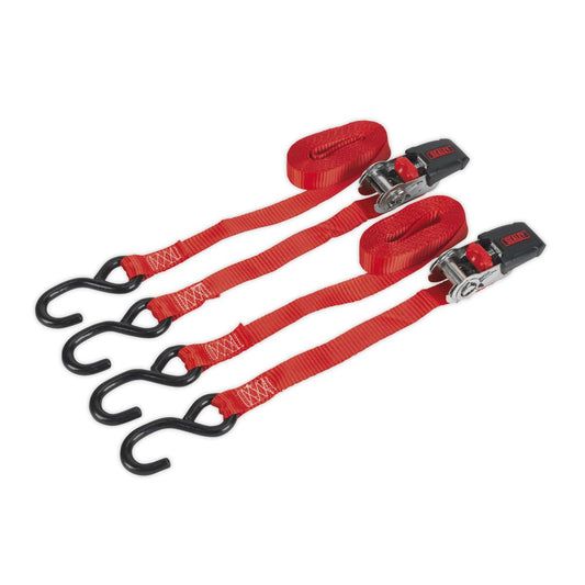Sealey TD284SD Ratchet Straps 25mm x 4m Polyester Webbing with S-Hooks 800kg Breaking Strength - Pair Sealey