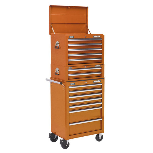 Sealey APSTACKTO Topchest Mid-Box Tool Chest & Rollcab Combination 14 Drawer with Ball-Bearing Slides - Orange Sealey