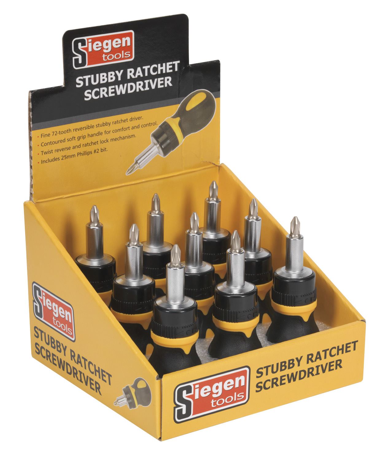 Siegen S0936 Screwdriver Ratchet Stubby Display Box of 9 Siegen