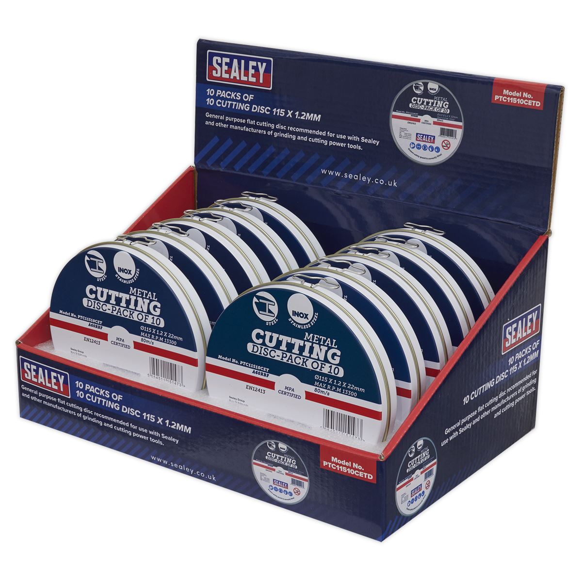 Sealey PTC11510CETD Cutting Disc 115 x 1.2mm Countertop Display Box 10 Packs of 10 Sealey
