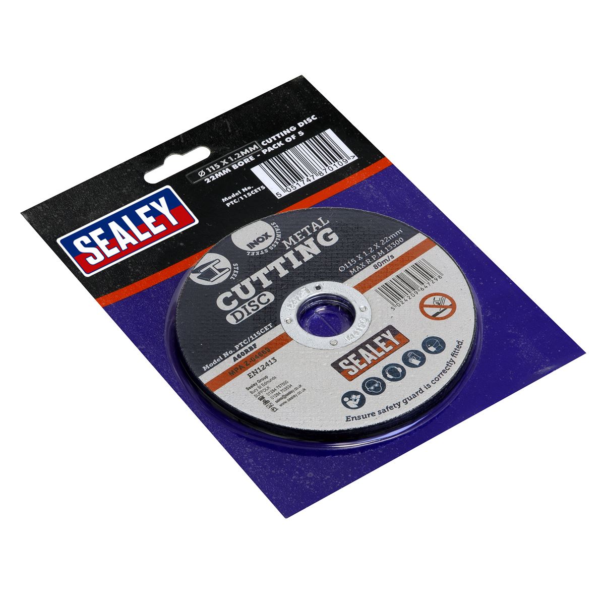 Sealey PTC/115CET5 Cutting Disc Ø115 x 1.2mm Ø22mm Bore Pack of 5 Sealey