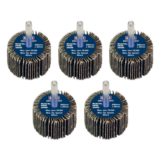 Sealey FW4030405 Abrasive Flap Wheel Ø40 x 30mm 40Grit Ø6mm Shaft - Pack of 5 Sealey
