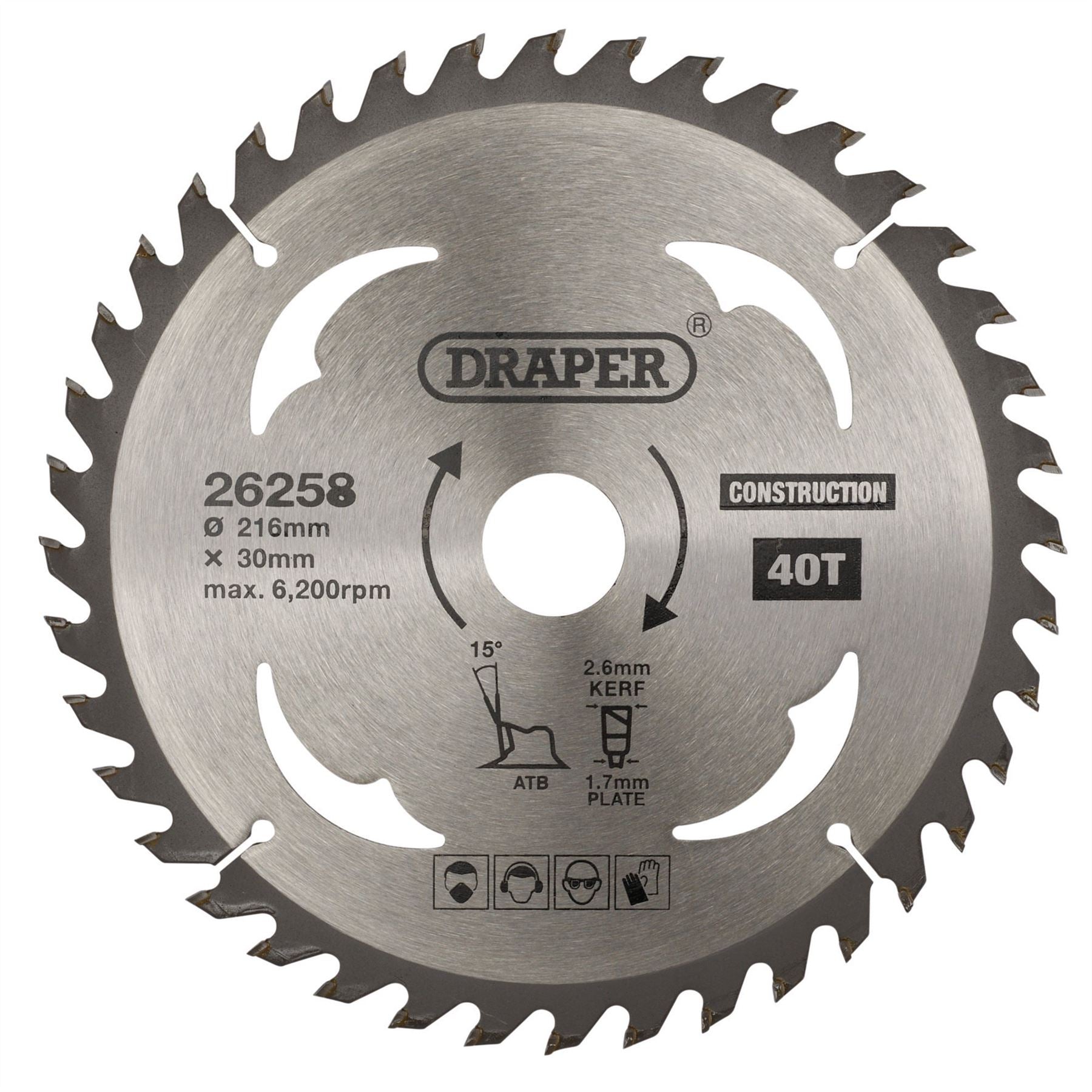 Draper 26258 TCT Construction Circular Saw Blade 216 x 30mm 40T Draper
