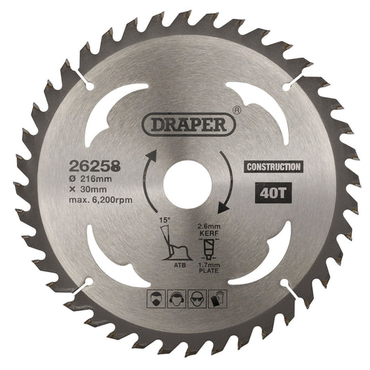 Draper 26258 TCT Construction Circular Saw Blade 216 x 30mm 40T Draper