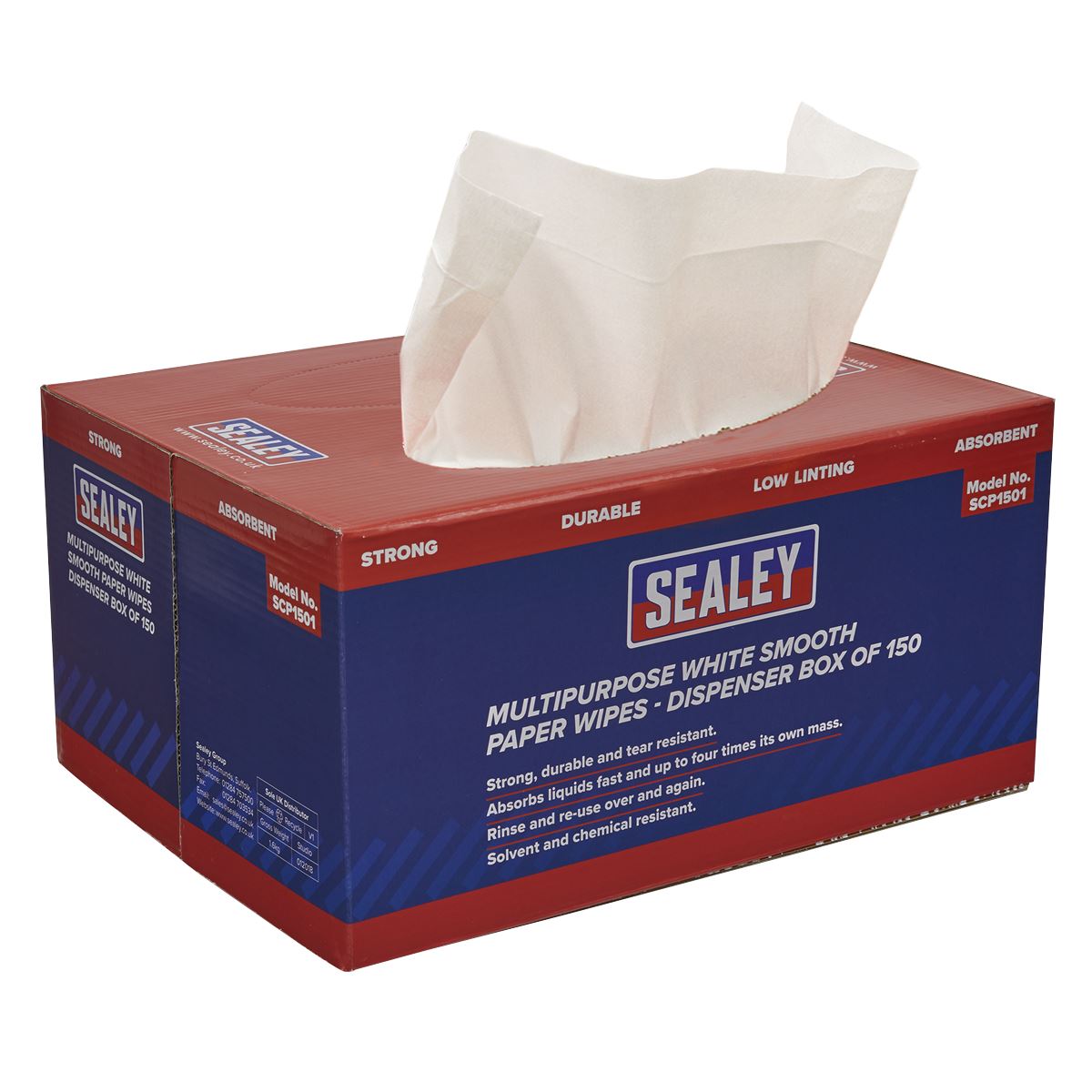 Sealey SCP1501 Multipurpose Paper Wipes in Dispenser Box - Smooth White 73gsm 150 Sheets Sealey