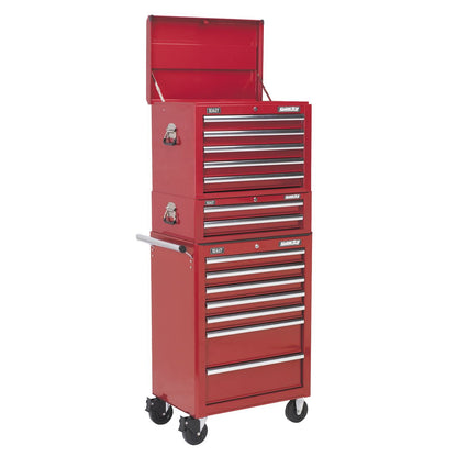 Sealey APSTACKTR Topchest Mid-Box Tool Chest & Rollcab Combination 14 Drawer with Ball-Bearing Slides - Red Sealey