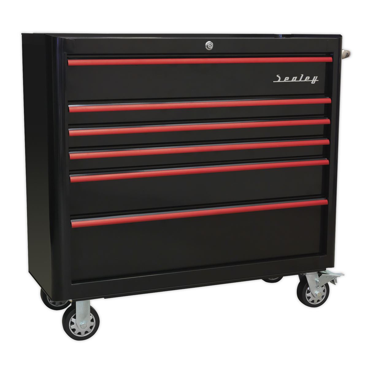 Sealey AP41206BR Rollcab 6 Drawer Wide Retro Style - Black with Red Anodised Drawer Pulls Sealey