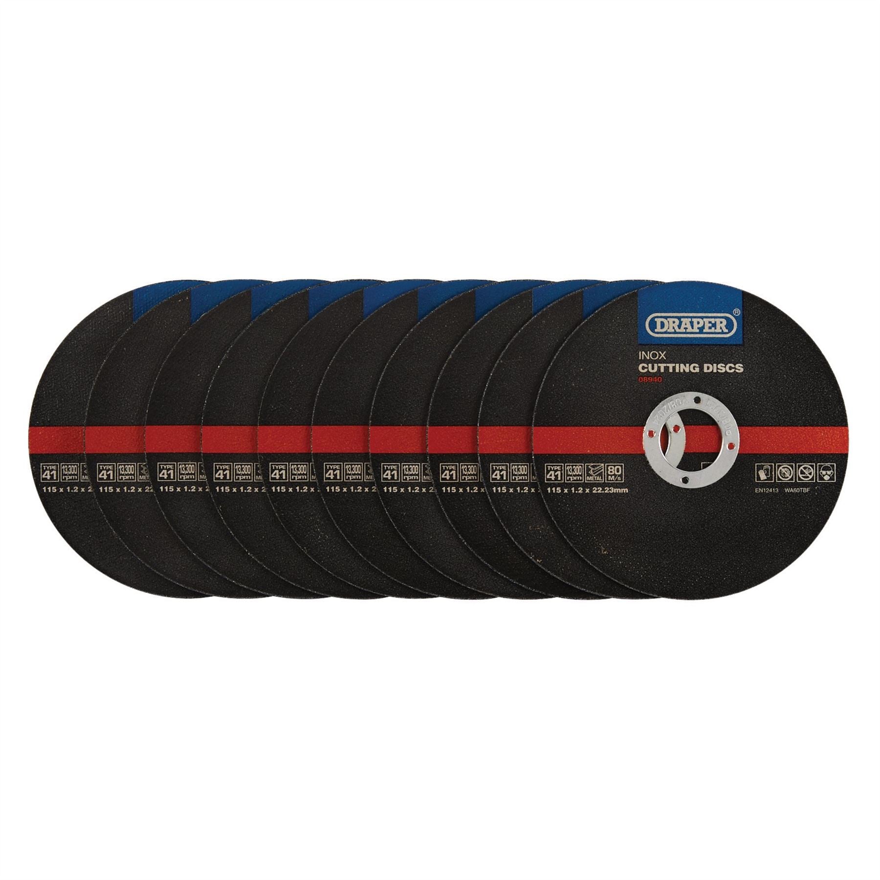Draper 08940 Inox Flat Metal Cutting Discs 115 x 22.2 x 1.2mm Pack of 10 Draper