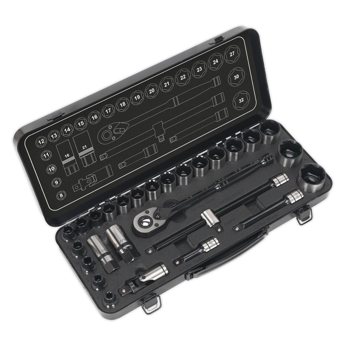 Sealey AK7972 Socket Set 28pc 1/2"Sq Drive 6pt WallDrive® Metric Premier Black Sealey