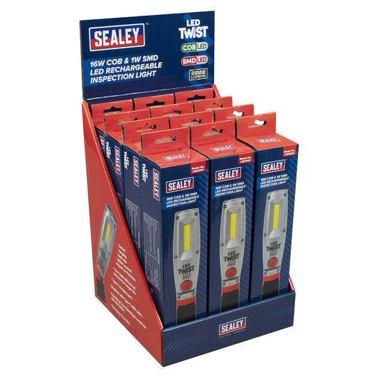 Sealey LED2001DB LED Twist Rechargeable Inspection Light 16W COB & 1W SMD - Display Box of 12 Sealey