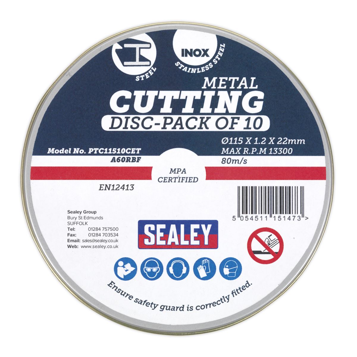 Sealey PTC11510CET Cutting Disc Ø115 x 1.2mm Ø22mm Bore Pack of 10 Sealey