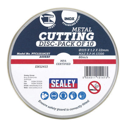 Sealey PTC11510CET Cutting Disc Ø115 x 1.2mm Ø22mm Bore Pack of 10 Sealey