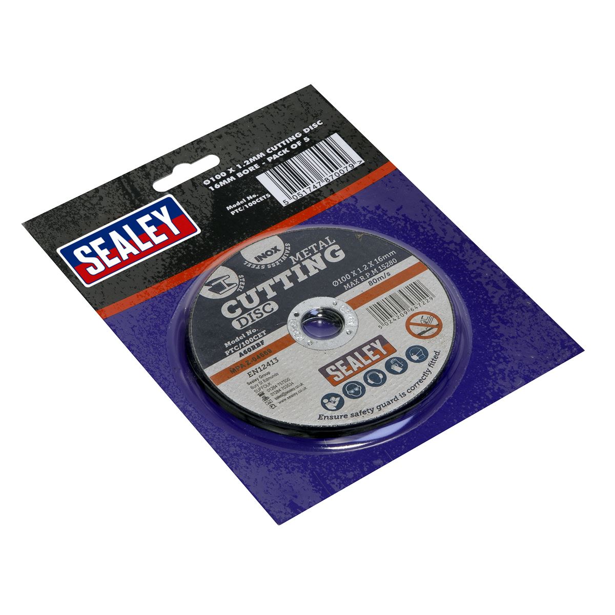 Sealey PTC/100CET5 Cutting Disc Ø100 x 1.2mm Ø16mm Bore Pack of 5 Sealey