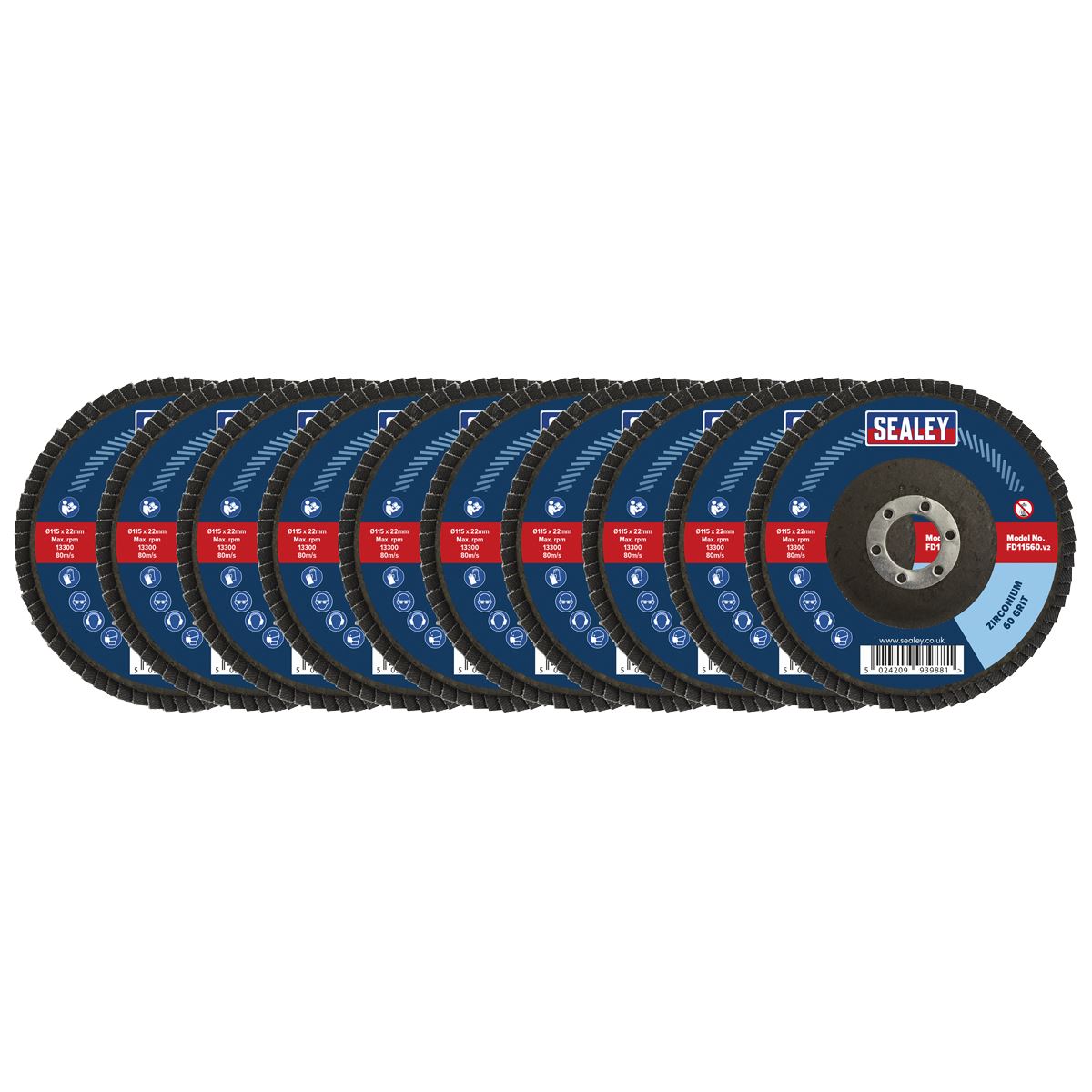Sealey FD115MIX Assorted Grit Flap Discs Zirconium Ø115mm Ø22mm Bore - Pack of 10 Sealey