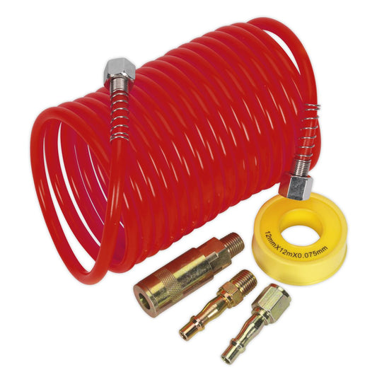 Sealey AHK03 Air Hose Kit 5m x Ø5mm PE Coiled with Connectors Sealey
