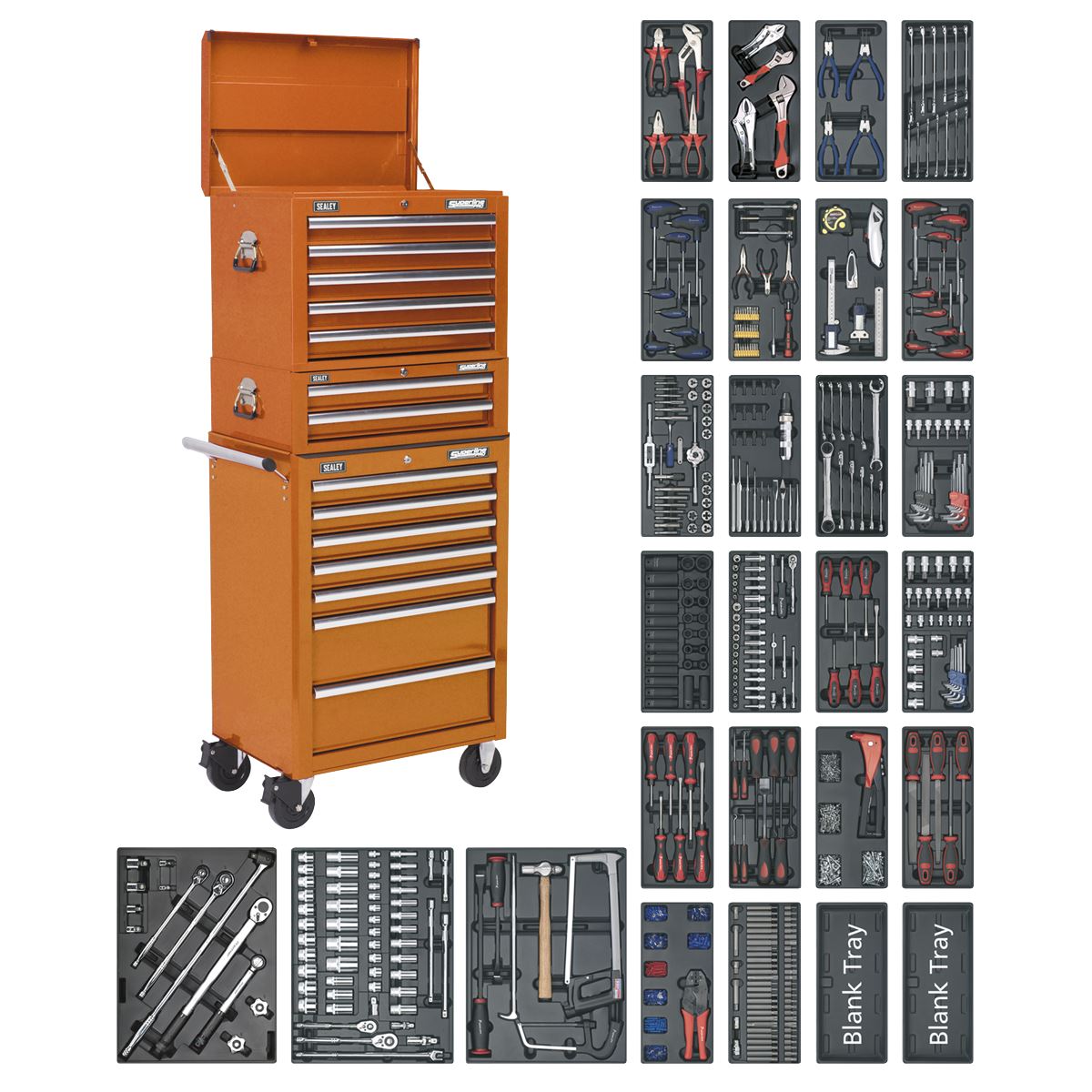 Sealey SPTOCOMBO1 Tool Chest Combination 14 Drawer with Ball-Bearing Slides - Orange & 1179pc Tool Kit Sealey