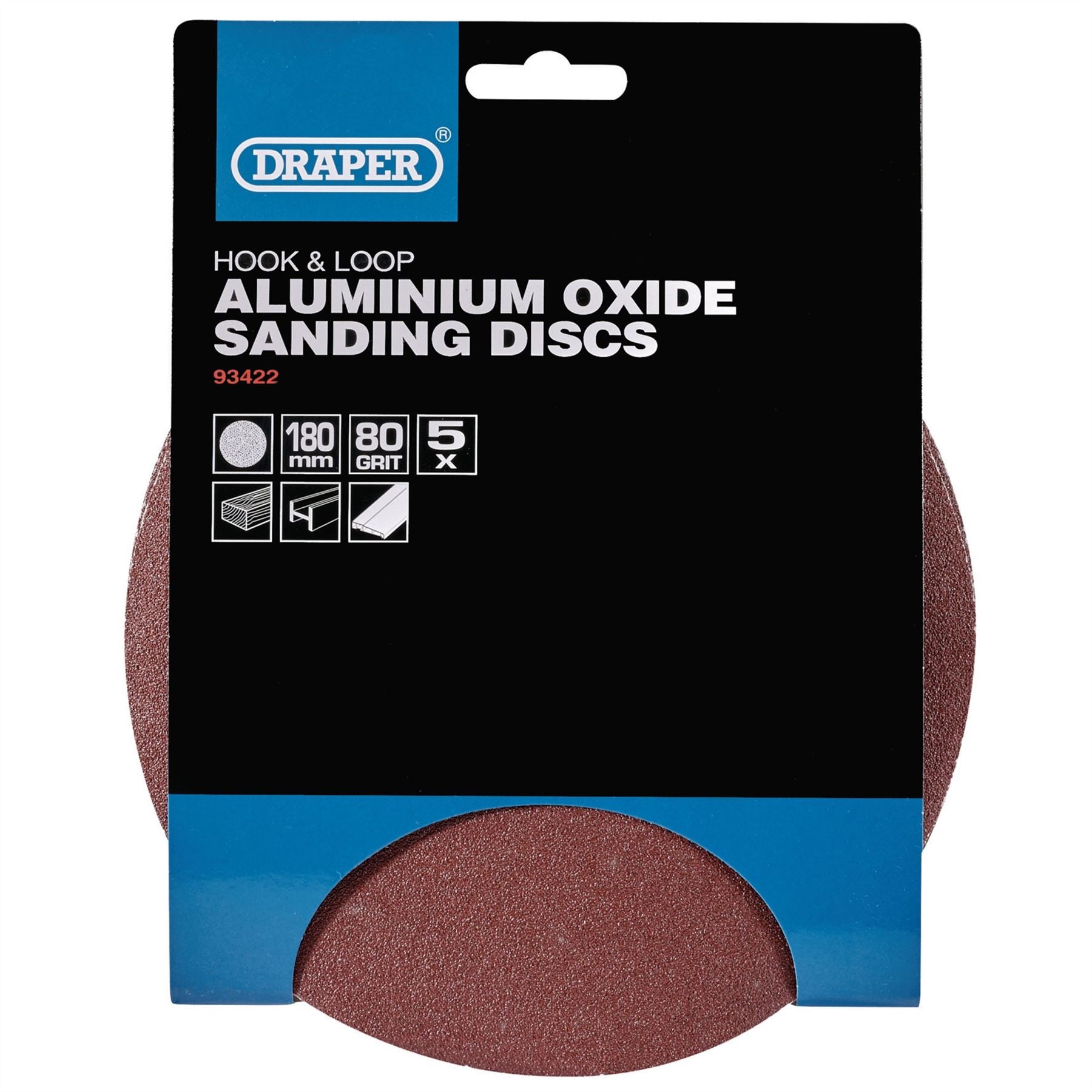Draper 93422 Hook and Loop Aluminium Oxide Sanding Discs 180mm 80 Grit Pack of 5 Draper
