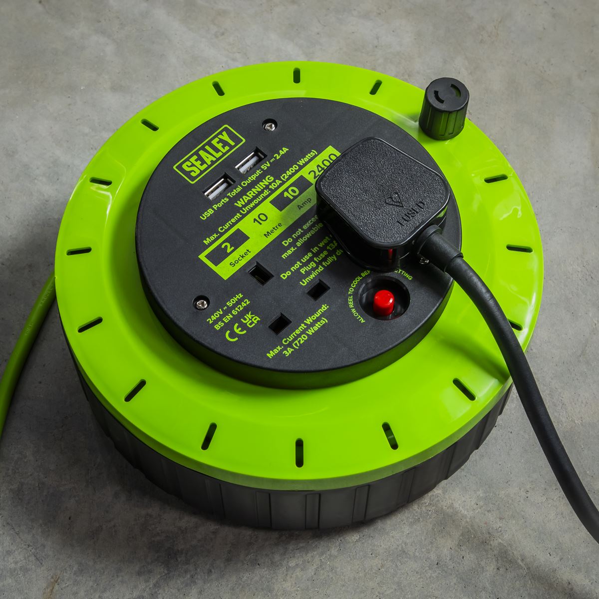 Sealey BCR10G Cassette Type Cable Reel Green with Thermal Trip 2 x 230V and 2 x USB 10m Sealey