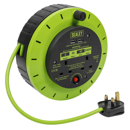 Sealey BCR10G Cassette Type Cable Reel Green with Thermal Trip 2 x 230V and 2 x USB 10m Sealey