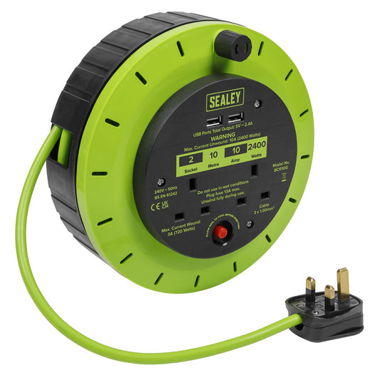 Sealey BCR10G Cassette Type Cable Reel Green with Thermal Trip 2 x 230V and 2 x USB 10m Sealey