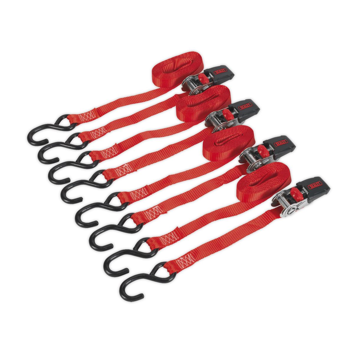 Sealey TD484SD Ratchet Strap 25mm x 4m Polyester Webbing with S-Hooks 800kg Breaking Strength - 2 Pairs Sealey