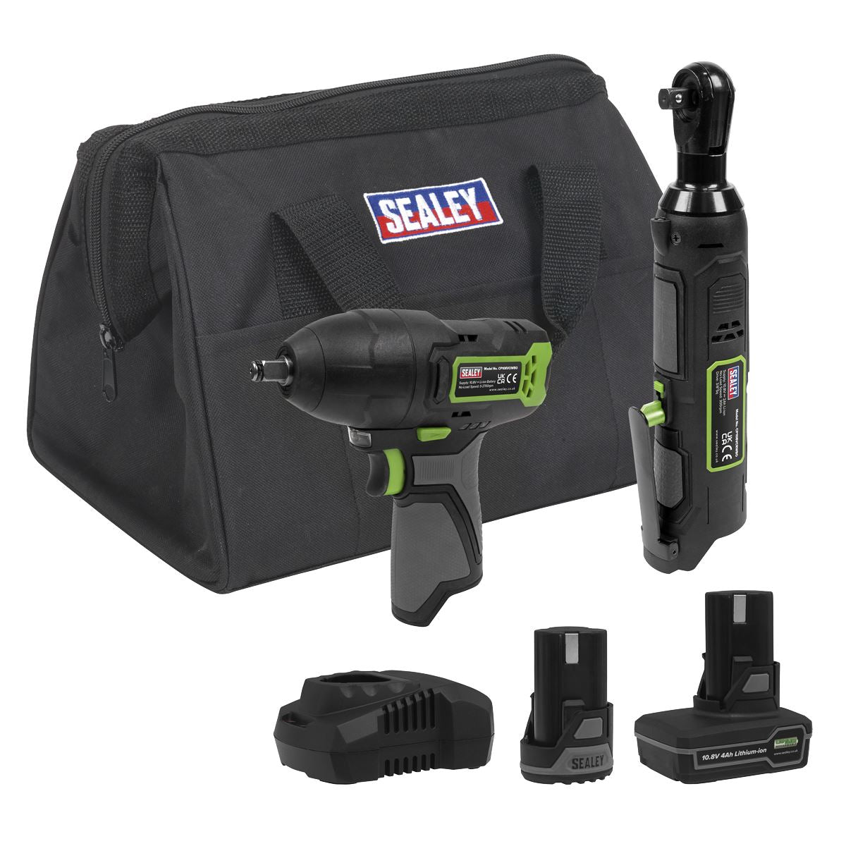 Sealey CP108VCOMBO6EU 2 x 10.8V SV10.8 Series Impact Wrench & Ratchet Wrench Kit - 2 Batteries & Euro Plug Sealey