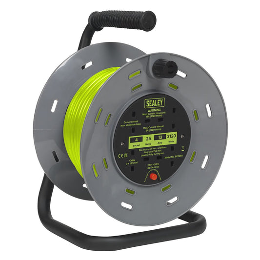 Sealey BCR25G Cable Reel with Thermal Trip 4 x 230V Sockets 25m - Green Sealey