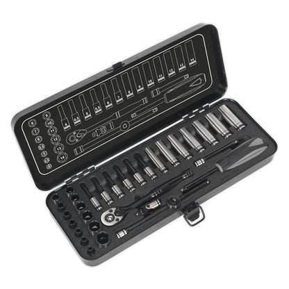 Sealey AK7970 Socket Set 32pc 1/4"Sq Drive 6pt WallDrive® Metric Premier Black Sealey
