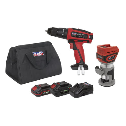 Sealey CP20VCOMBO12 2 x 20V SV20 Series Cordless Router & Combi Drill Kit - 2 Batteries Sealey
