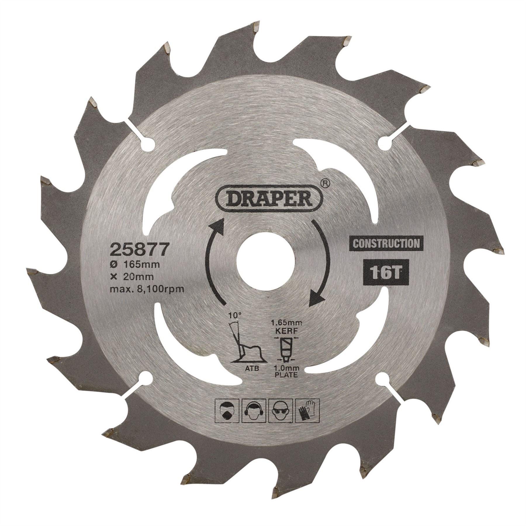 Draper 25877 TCT Cordless Construction Circular Saw Blade for Wood & Composites 165 x 20mm 16T Draper