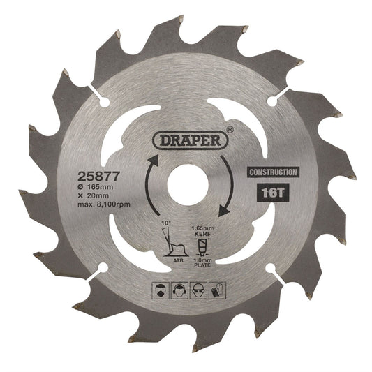 Draper 25877 TCT Cordless Construction Circular Saw Blade for Wood & Composites 165 x 20mm 16T Draper