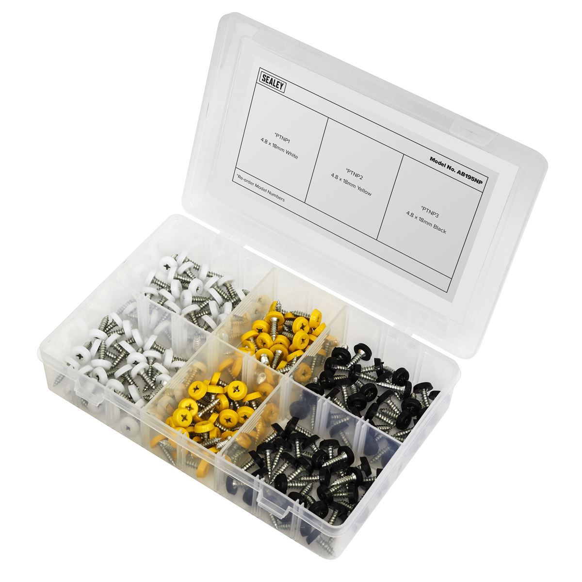 Sealey AB195NP Numberplate Screw Assortment 195pc 4.8mm x 18mm - Plastic Enclosed Head Sealey
