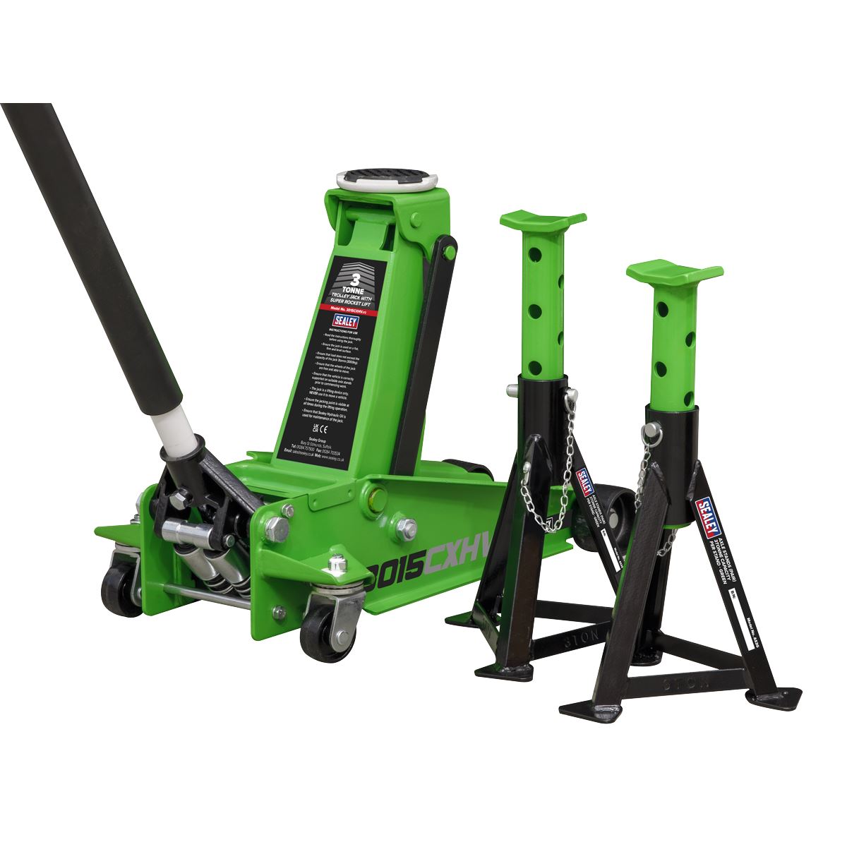 Sealey 3015CXHV Trolley Jack with Super Rocket Lift 3 Tonne & Axle Stands (Pair) 3 Tonne Capacity per Stand - Green Sealey