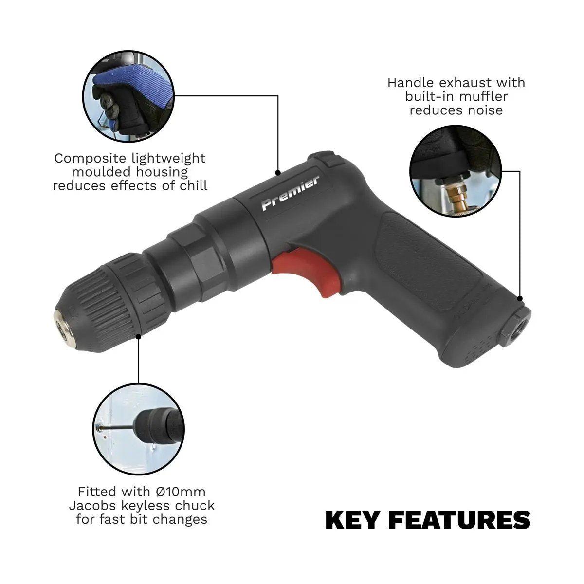 Sealey SA620 Air Pistol Drill Ø10mm with Keyless Chuck Composite Reversible - Premier Sealey
