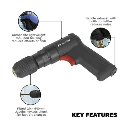 Sealey SA620 Air Pistol Drill Ø10mm with Keyless Chuck Composite Reversible - Premier Sealey