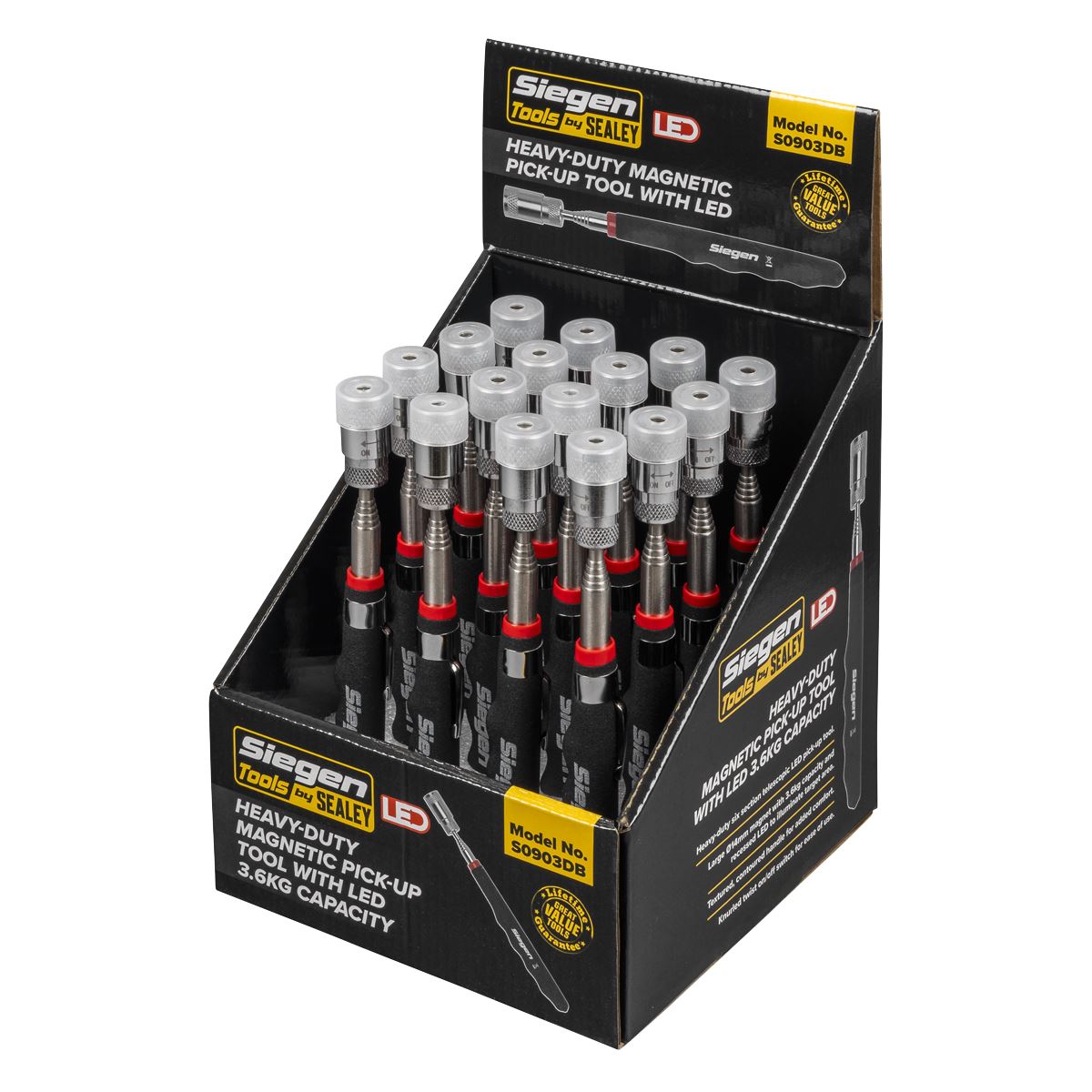 Siegen S0903DB Heavy-Duty Magnetic Pick-Up Tool with LED 3.6kg Capacity Display Box of 16 Siegen