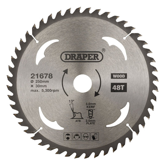 Draper 21678 TCT Circular Saw Blade for Wood 250 x 30mm 48T Draper