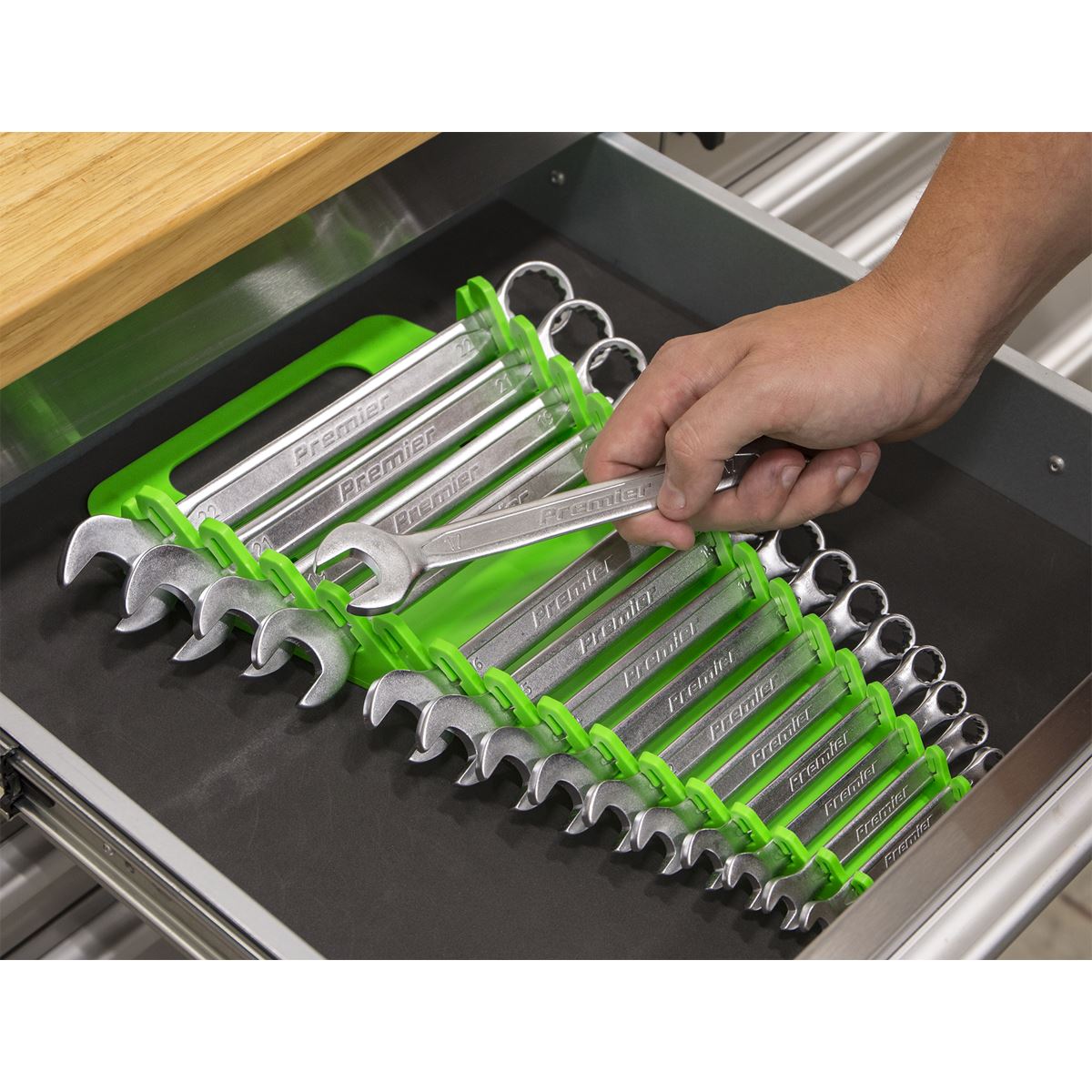 Sealey WR08HV Spanner Rack Capacity 15 Spanners Hi-Vis Green Sealey