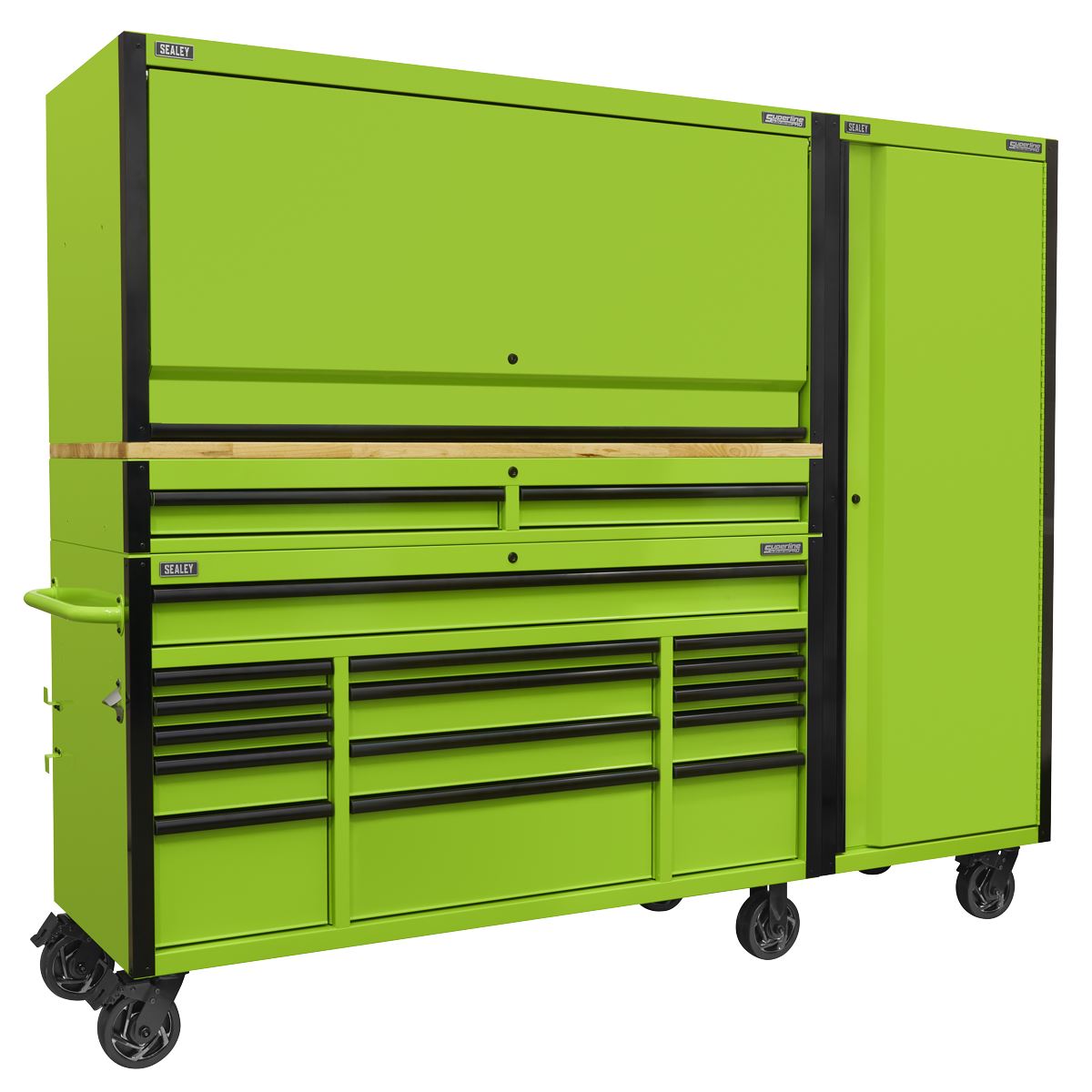 Sealey AP6115BECOMBO2 15 Drawer 1549mm Mobile Trolley with Wooden Worktop Hutch 2 Drawer Riser & Side Locker Sealey