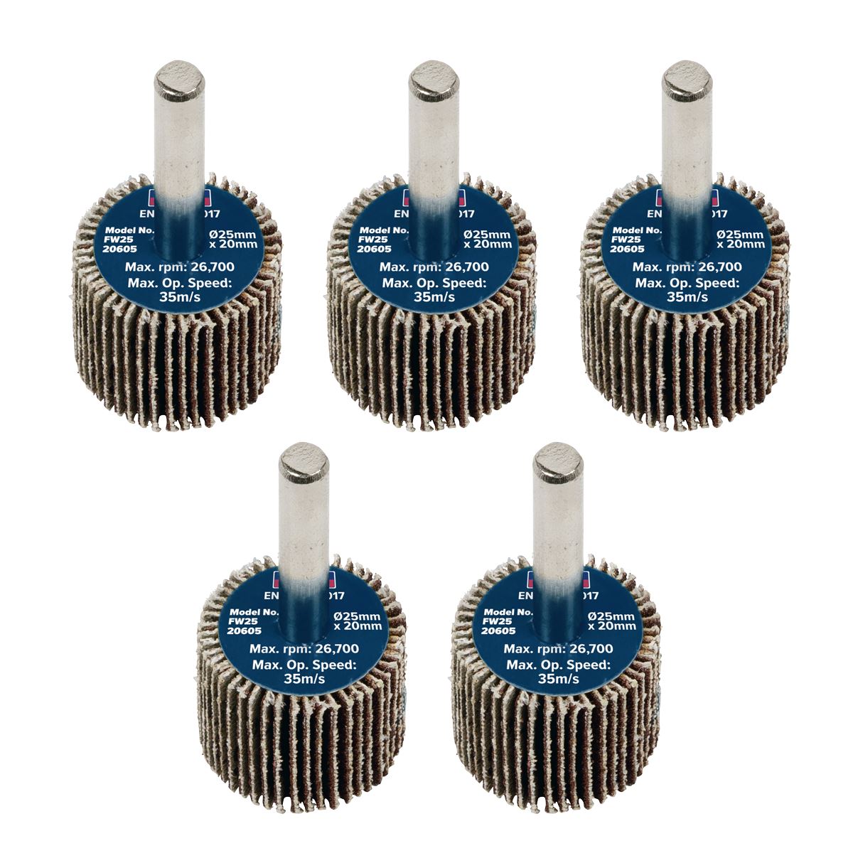 Sealey FW2520605 Abrasive Flap Wheel Ø25 x 20mm Ø6mm Shaft 60Grit - Pack of 5 Sealey