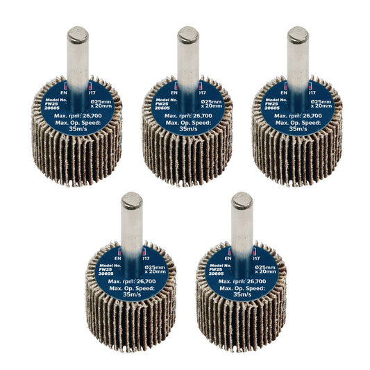 Sealey FW2520605 Abrasive Flap Wheel Ø25 x 20mm Ø6mm Shaft 60Grit - Pack of 5 Sealey