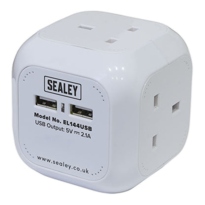 Sealey EL144USB Extension Cable Cube 1.4m 4 x 230V & 2 x USB Sockets - White Sealey
