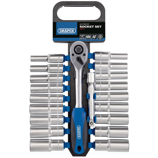 Draper 16377 Combined MM/AF Deep Socket and Ratchet Set 1/2" Sq. Dr. 20 Piece Draper