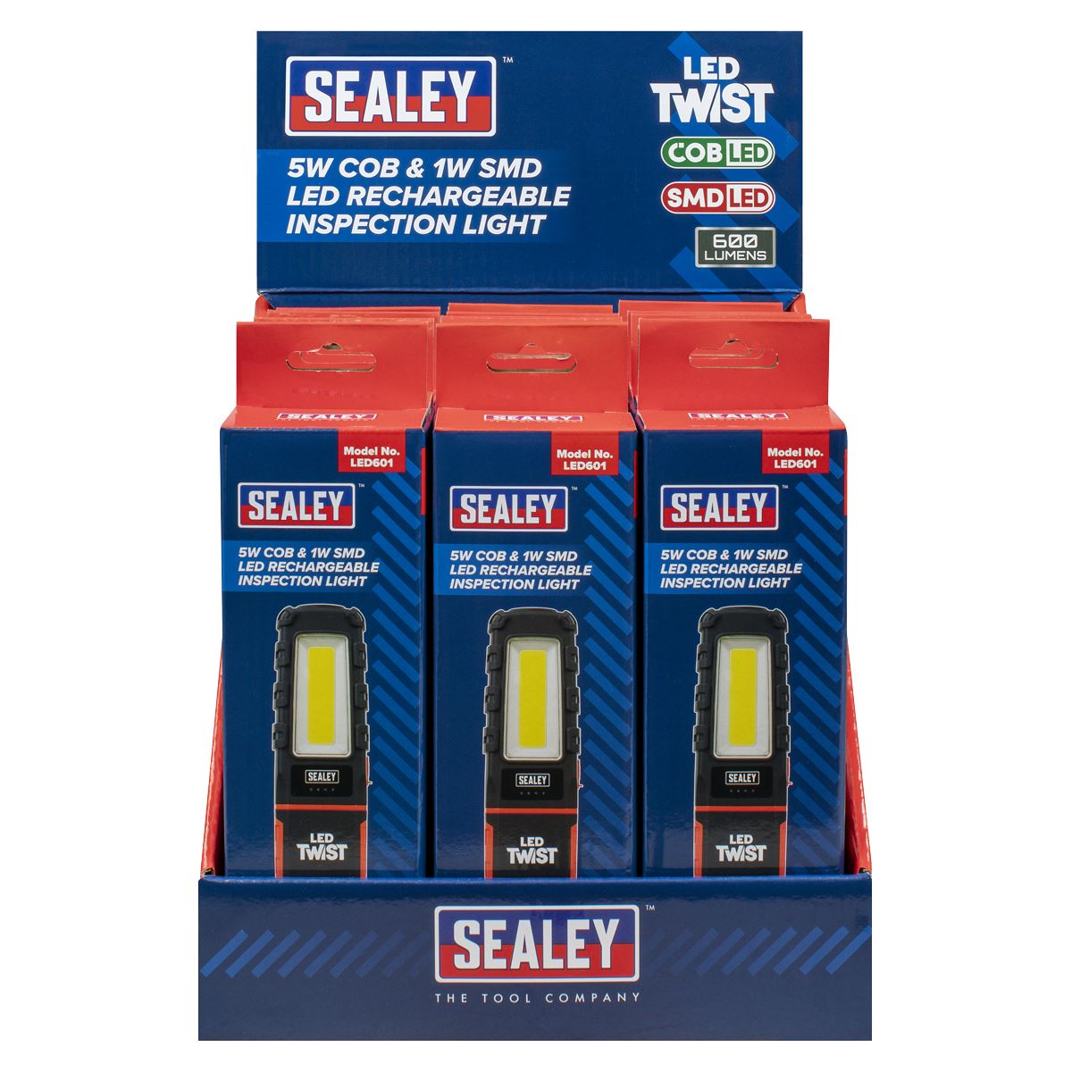 Sealey LED601DB LED Twist Rechargeable Inspection Light 5W COB & 1W SMD - Display Box of 12 Sealey