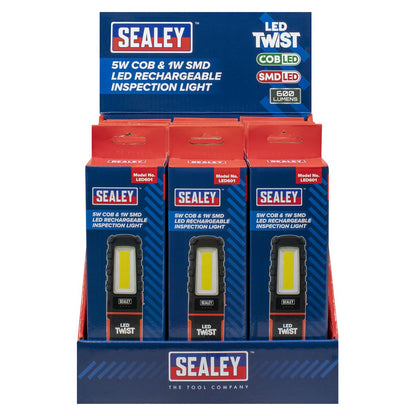 Sealey LED601DB LED Twist Rechargeable Inspection Light 5W COB & 1W SMD - Display Box of 12 Sealey