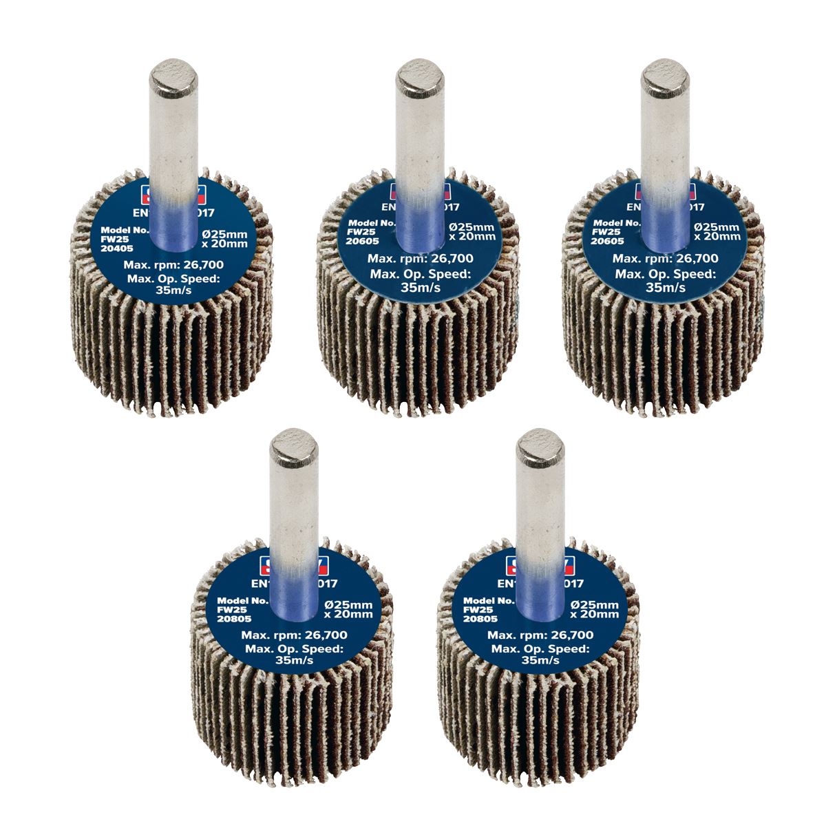 Sealey FW2520ASS Abrasive Flap Wheel Ø25 x 20mm Ø6mm Shaft Assorted Grit - Pack of 5 Sealey