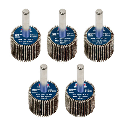 Sealey FW2520ASS Abrasive Flap Wheel Ø25 x 20mm Ø6mm Shaft Assorted Grit - Pack of 5 Sealey